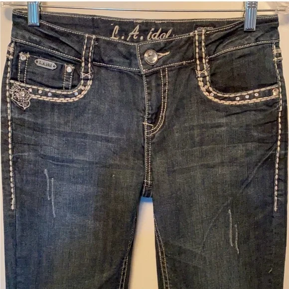 L.A. idol Blue Boot Cut Jeans with Rhinestone Accents - Picture 3 of 5